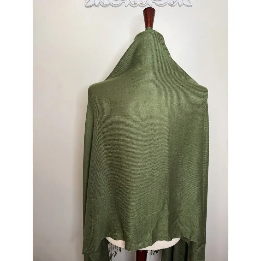 Olive Green Twill Scarf Long Rectangle Wrap Shawl Fringe Solid Green 80